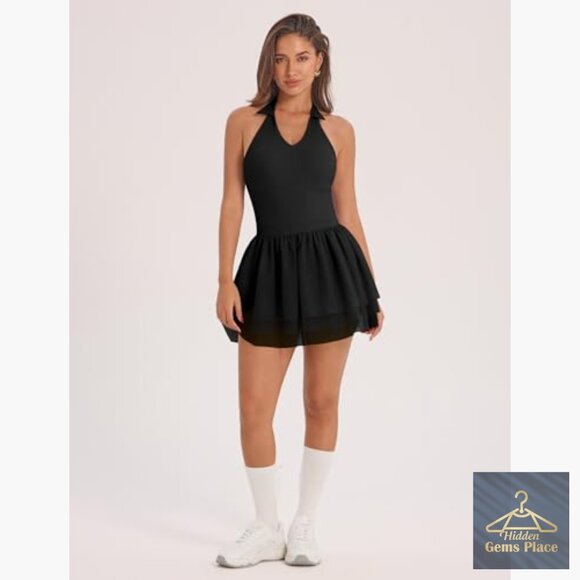 Women's Halter Backless Tennis Dress with Built-in Bra & Shorts - Picture 4 of 6